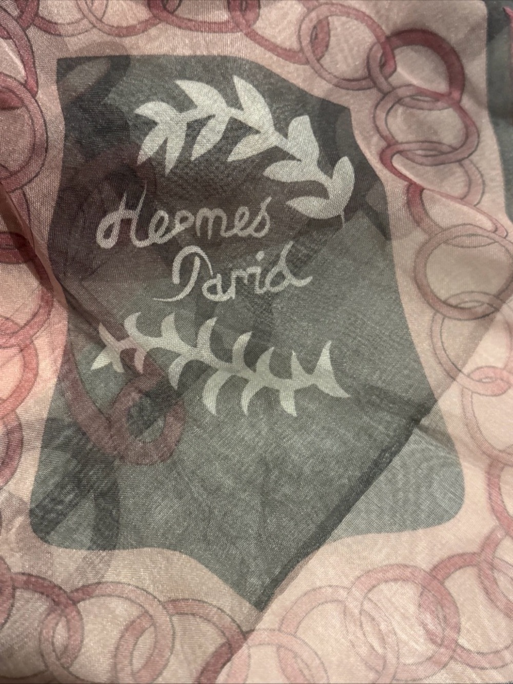 Authentic Hermes Pink and Gray 100% silk Chain-Print Scarf. Paris